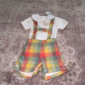 Dondolo Boys 3 White Top Yellow Colorful Plaid Shorts Overall Matching Set NEW